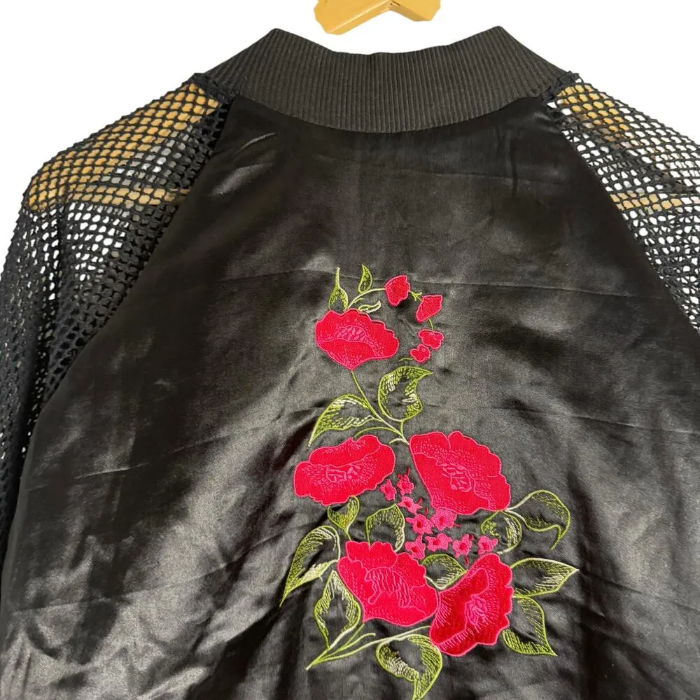 Furst of a Kind Black Satin Fishnet Floral Embroidered Bomber Jacket Size Medium - Image 9