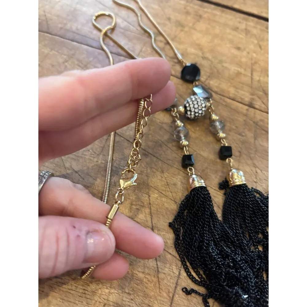 Long Golden beaded Chain Necklace W/ Black Beads Rhinestones & Tassels Gold - Image 5