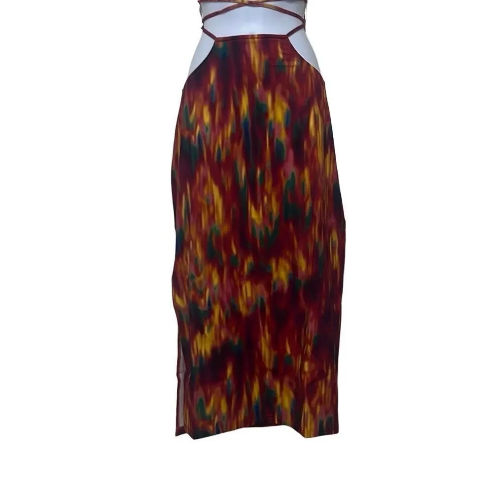 Weworewhat Cut Out Lace Up Midi Skirt Fire Tie Dye Stretch Large NWT Beach Vacay - Image 3