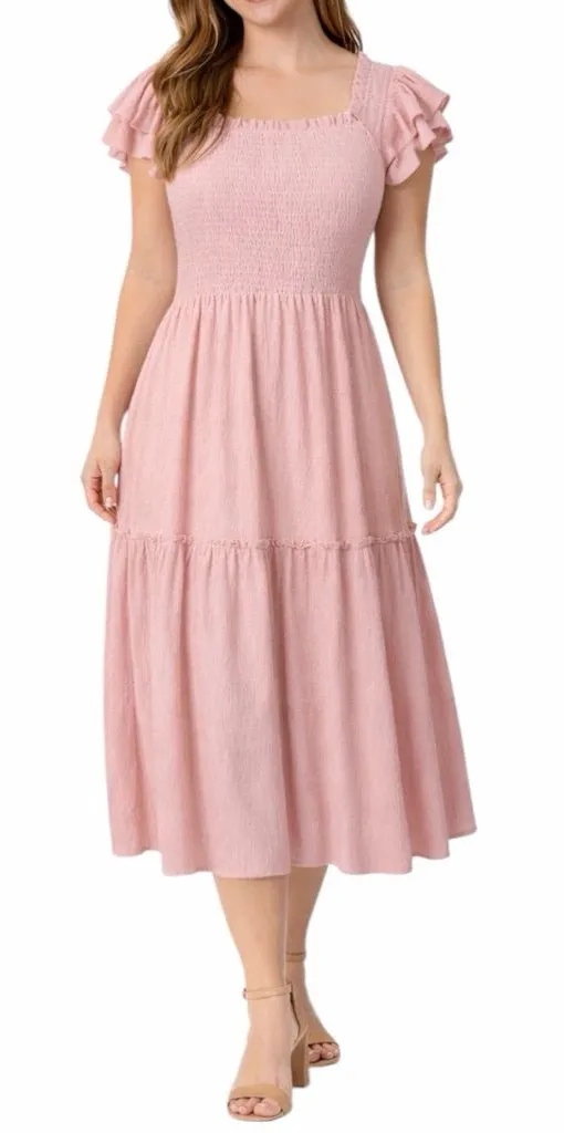 Baltic Born Smocked Flutter Sleeve Midi Pockets Dress Pink Women’s Size XL - Image 1