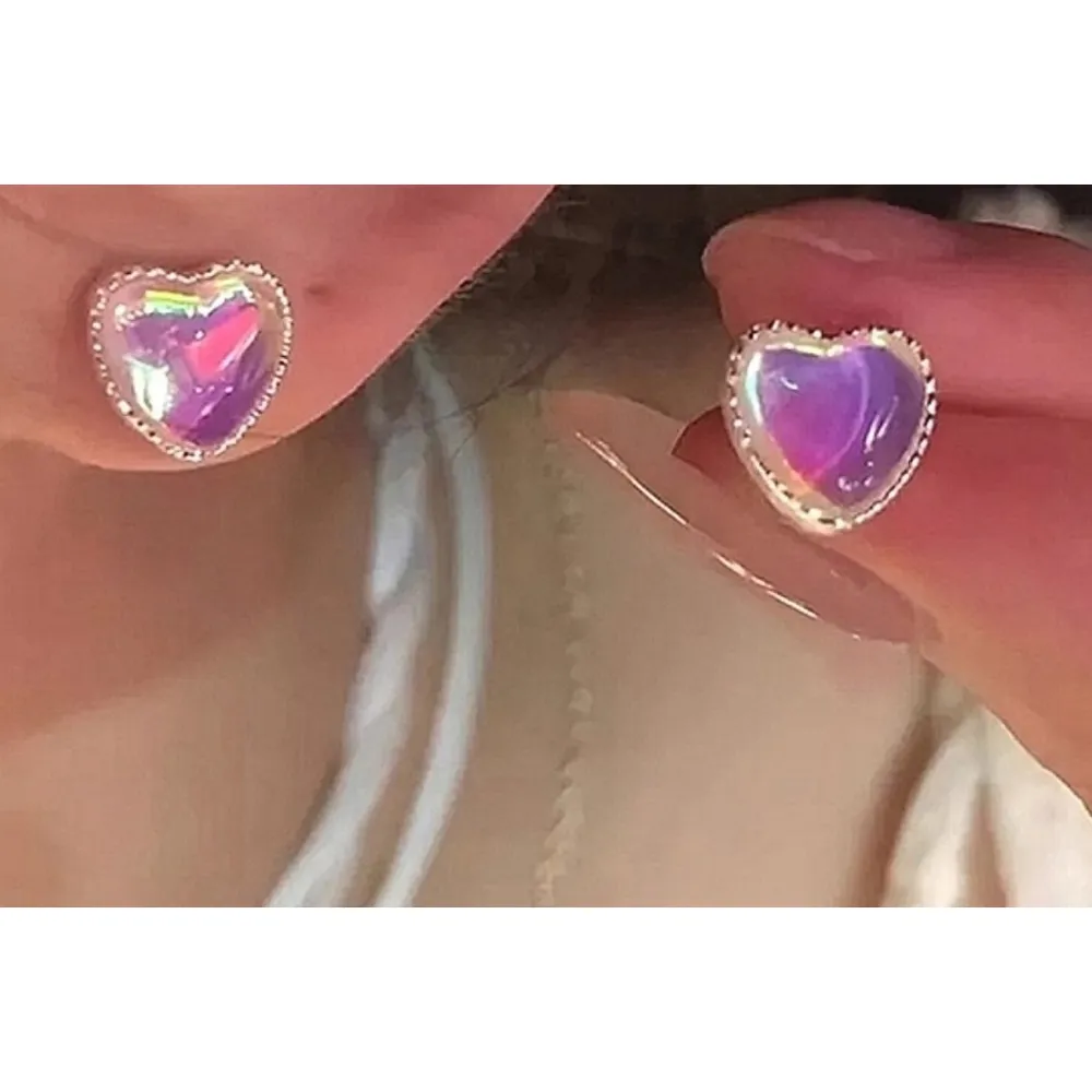 NEW Women's 925 Silver Opal Heart‎ Stud Earrings Pink Purple 0.9CM - Image 7