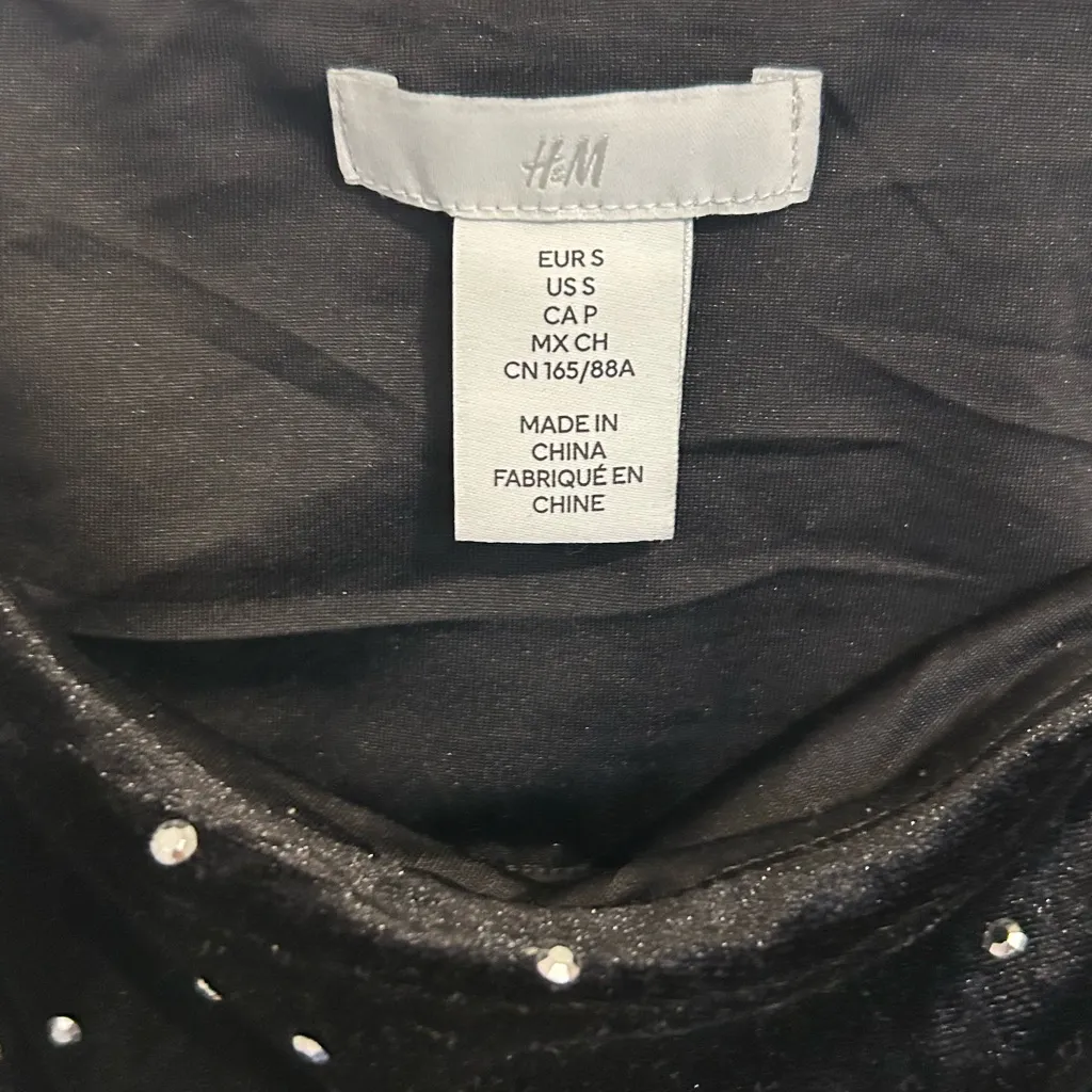 H&M small Black Velvet Rhinestone Mini Cocktail Party Dress strappy S - Image 3