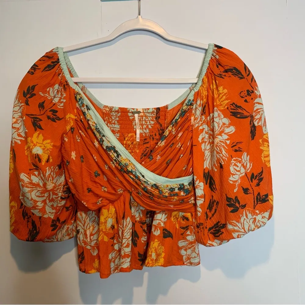 Free People Mirabella Cropped Peplum Top Puff Sleeves Smocked Orange Red - Image 3