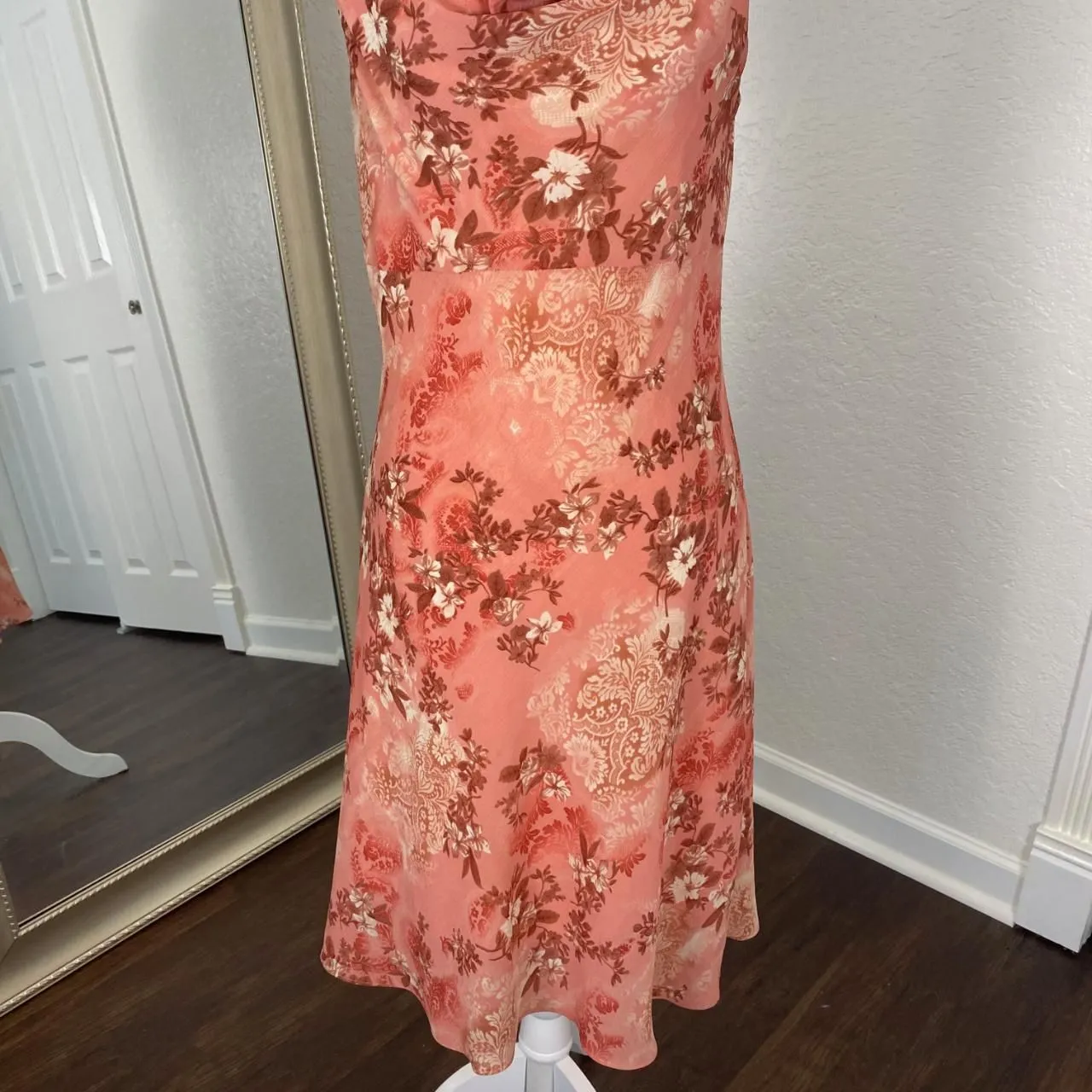 Orange Pink Garden Fairy Cottage Core Cowl Neck Flower Midi Dress USA Made S - Image 2