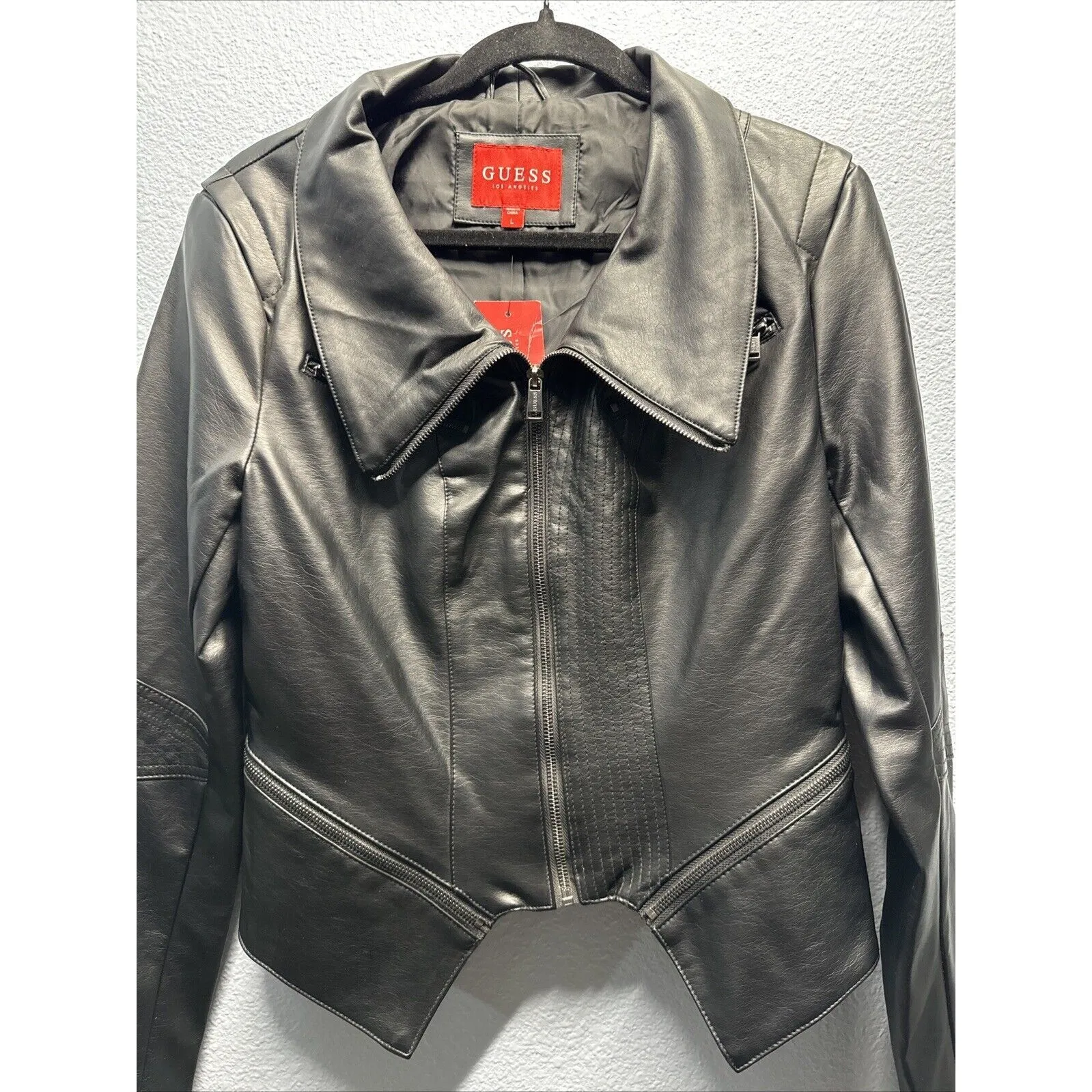 NEW Guess Women's Size Large Biker Jacket Black Faux Leather Zip Long Sleeve - Image 2