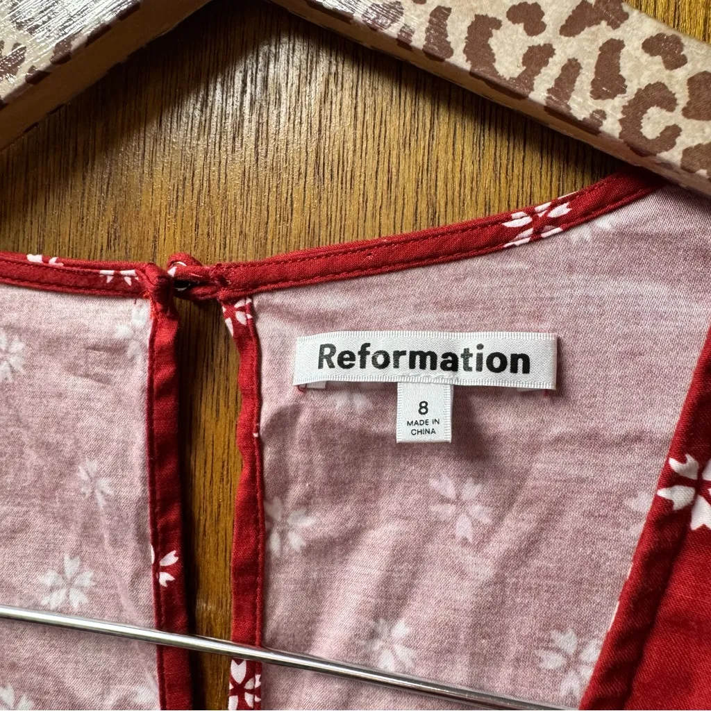 Reformation Caitie Long Puff Sleeve Mini Dress Deep V-Neck Floral Nigella Red 8 - Image 7