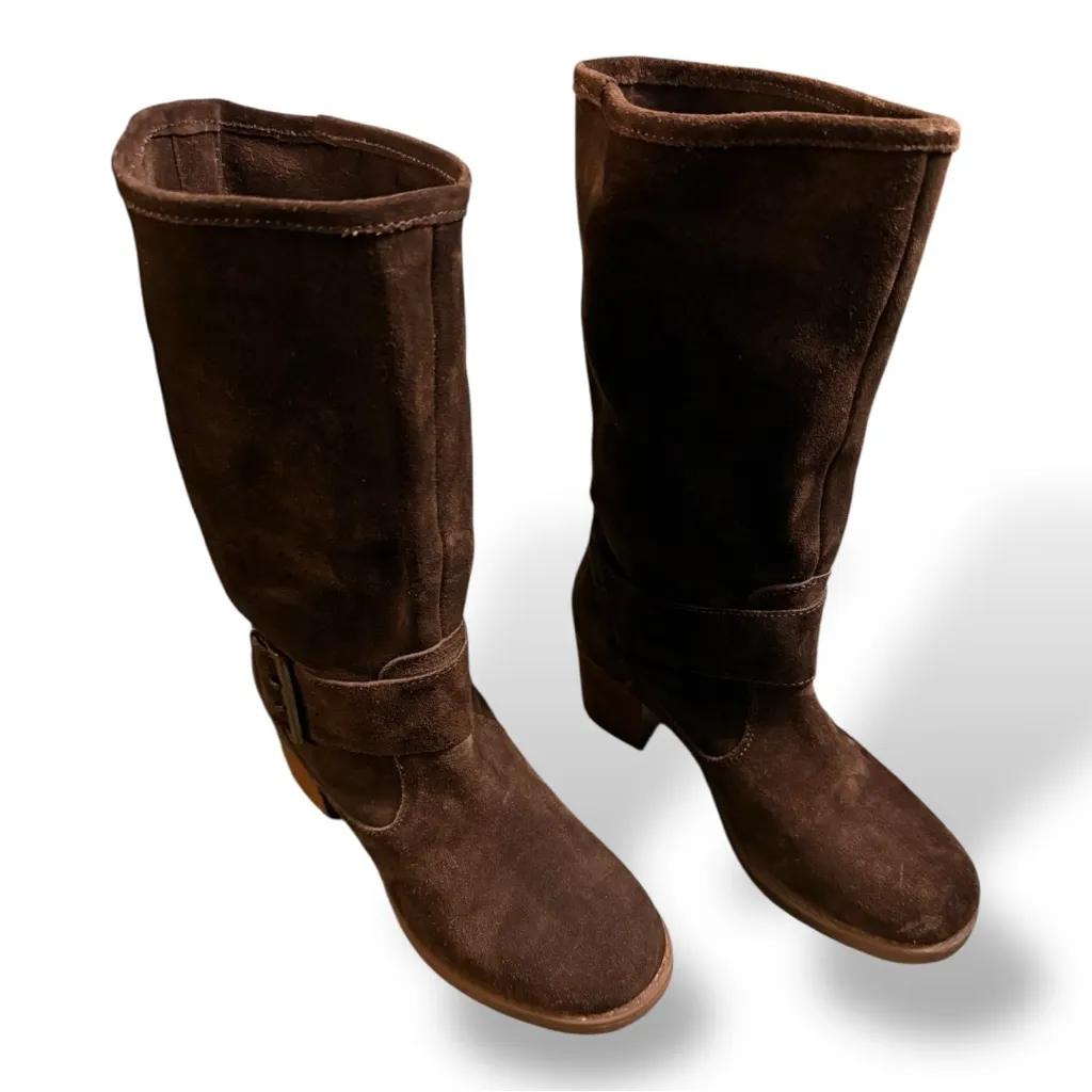 Gioseppo Used Chocolate Brown Stacked Heel Suede Boot with Buckle Fall Classic Size 9 - Image 6