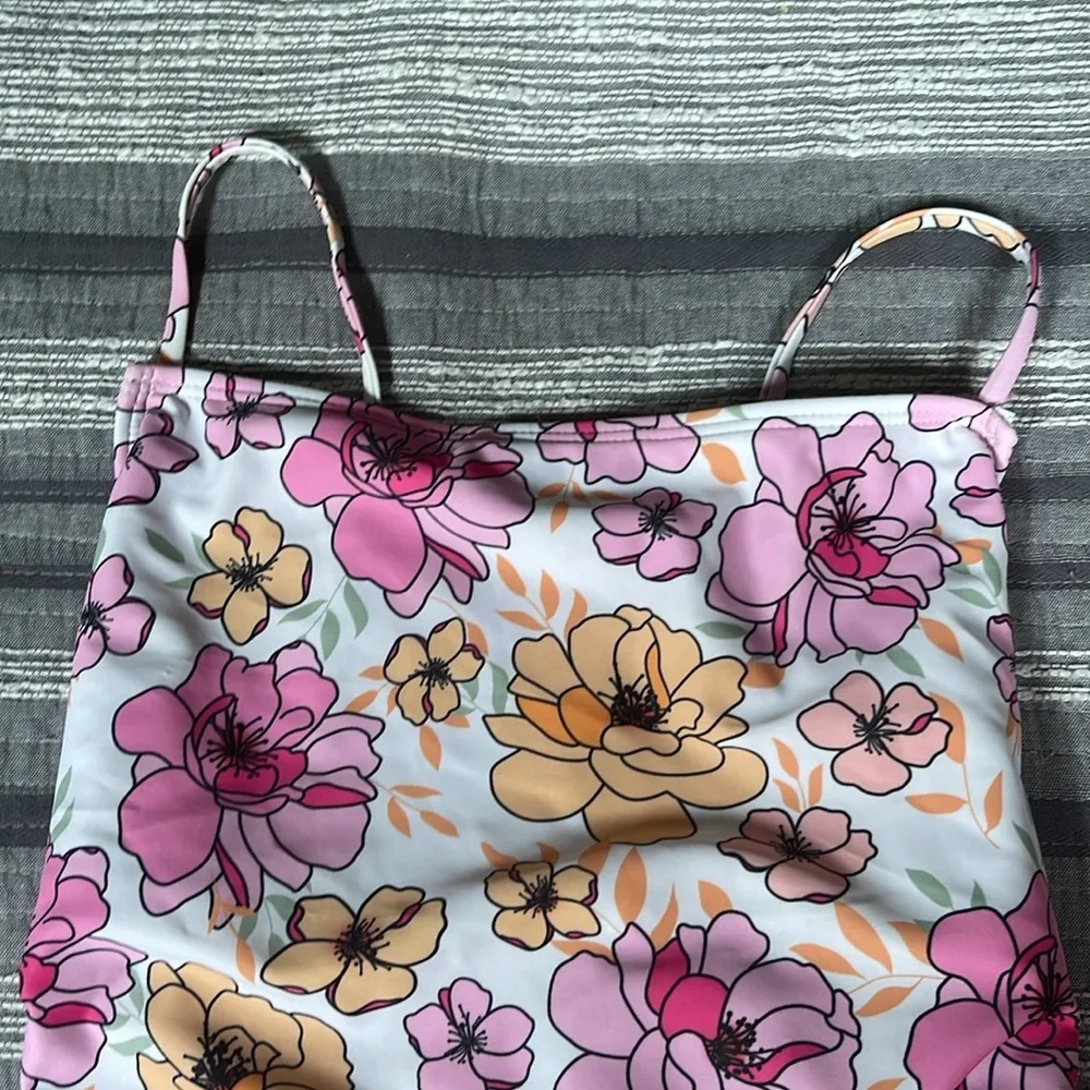 Women's White Pink Tie Strappy Flowers Floral One Piece Swimsuit Size Med #1893 - Image 4