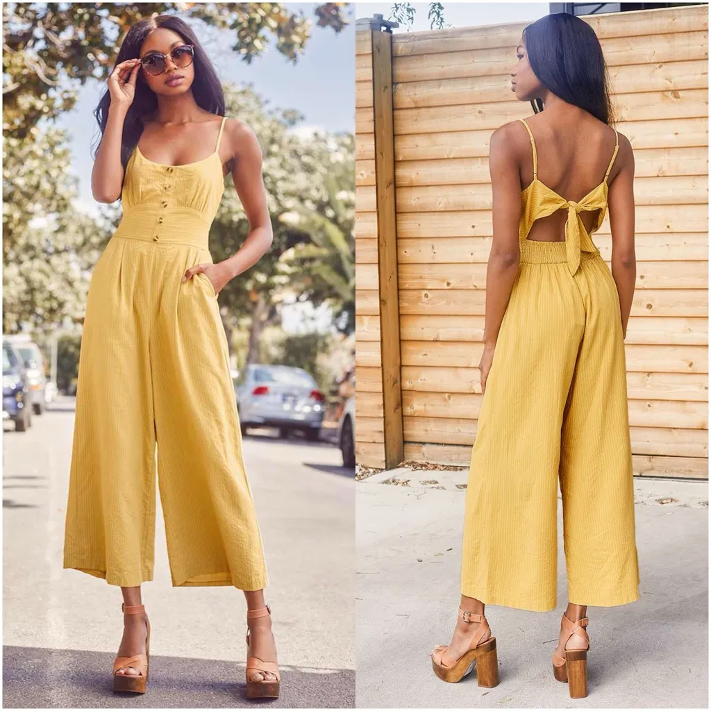 LULU’S Coastal Air Mustard Yellow Striped Tie-Back Culotte Jumpsuit - Image 2