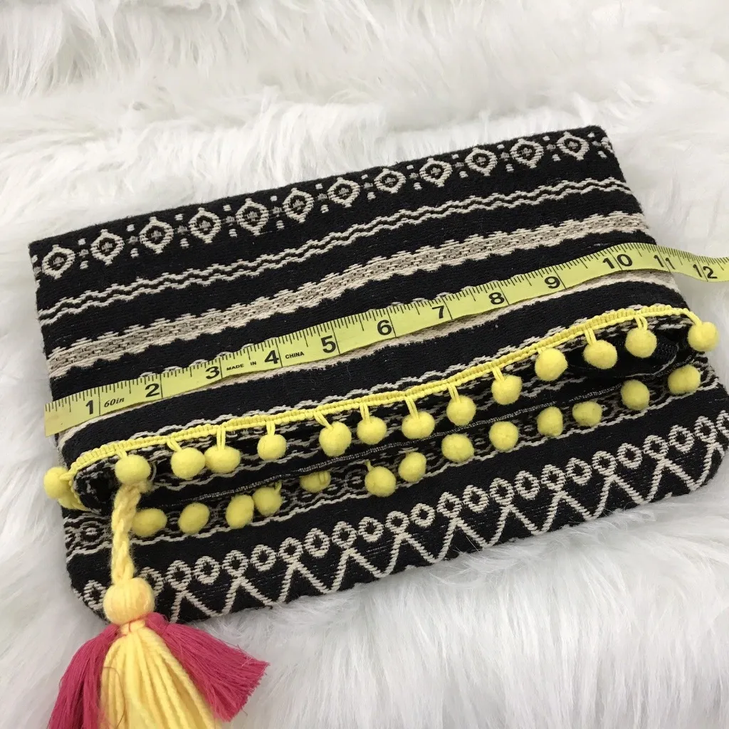 Just Fab Fold Over Bag Yellow‎ Pom Pom Tassel Trim Colorful Clutch Purse - Image 11