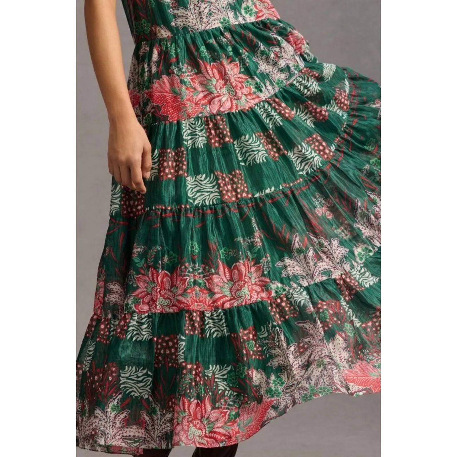 NEW Anthropologie Bhanuni‎ Jyoti Tiered Short-Sleeve Dress Size XXS Green Maxi - Image 4