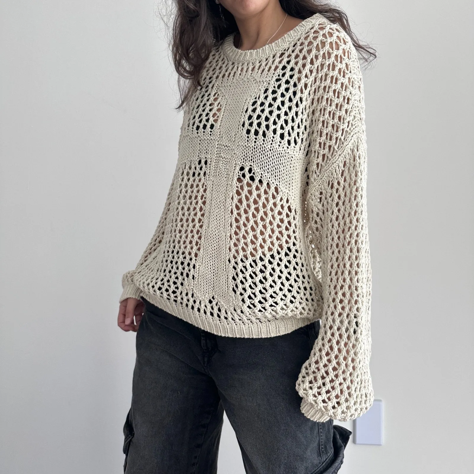 Racer Worldwide Cross Net Sweater Womens Medium Beige Cream Crochet Open Knit - Image 13