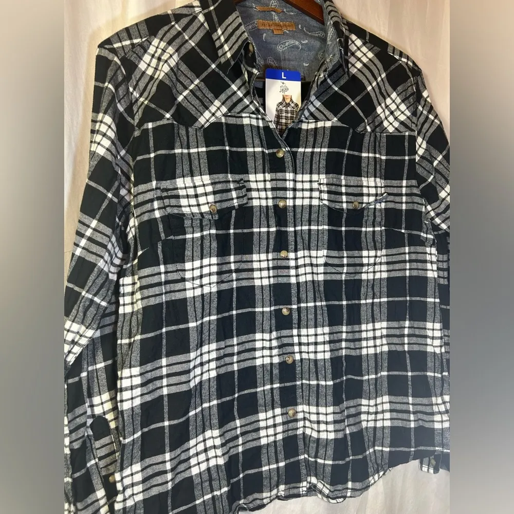 Jachs Girlfriend Black/white Plaid Flannel Shirt Size Large with Snaps - Image 12