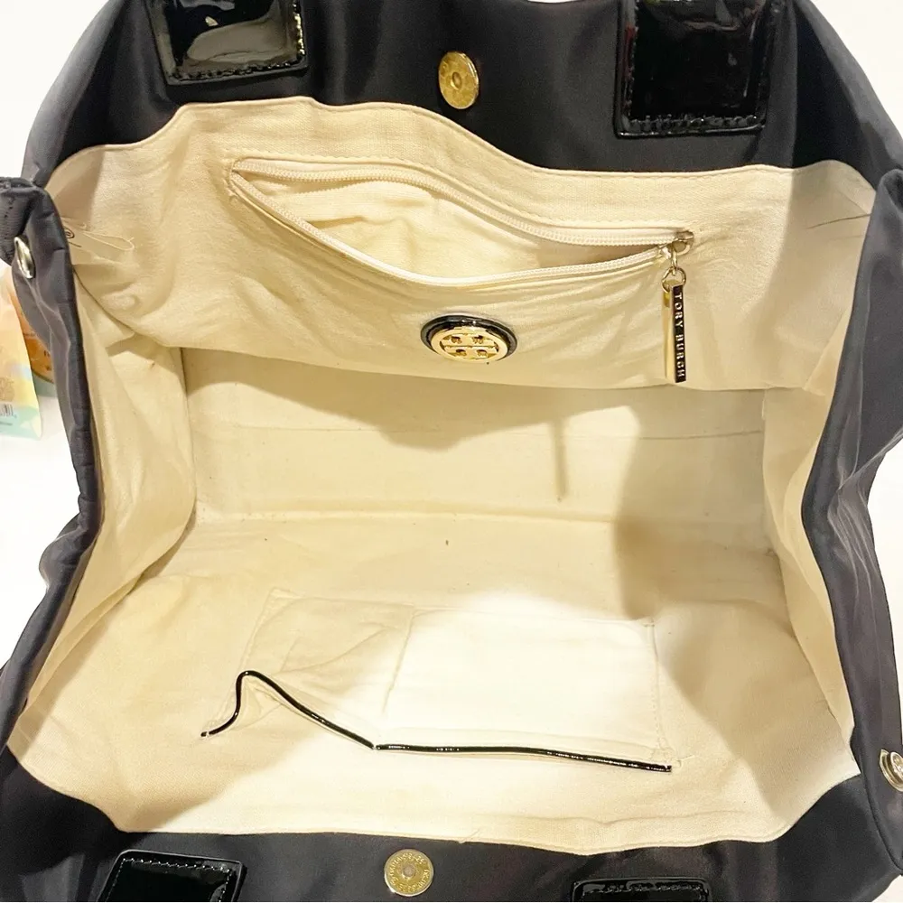 Tory Burch Black Ella Nylon Leather Trim Tote Large Bag Magnetic Closure - Image 5