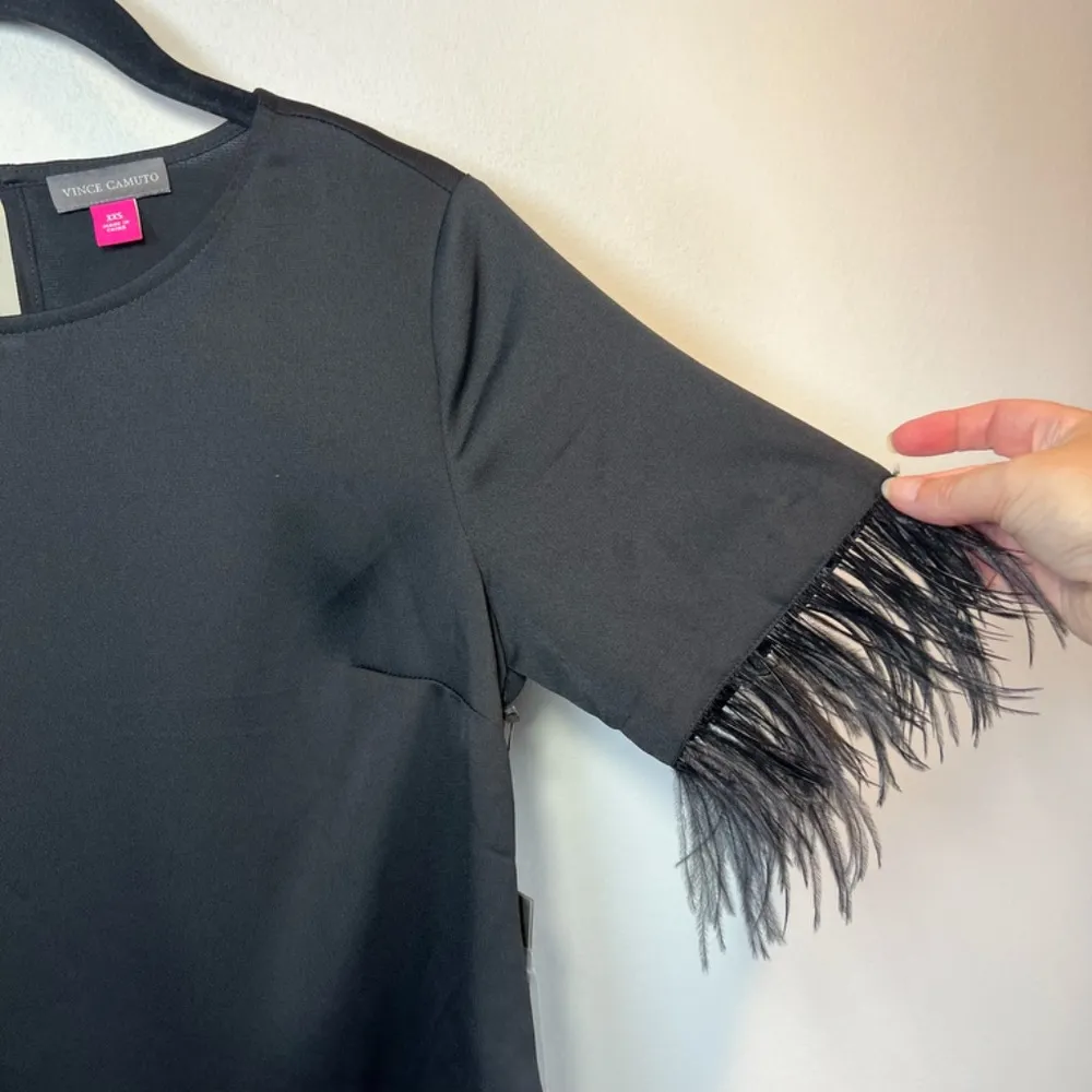 Vince Camuto Faux Feather Trim Short Sleeve Blouse Shirt Black NEW Womens Sz XXS - Image 4