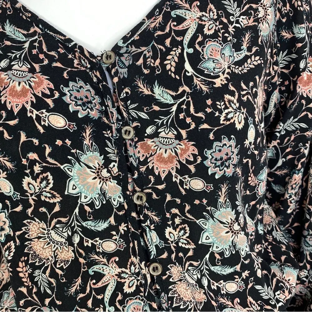 Mossimo Romper Floral Ruffle Hem Black Multi Small 3/4 Sleeve - Image 6