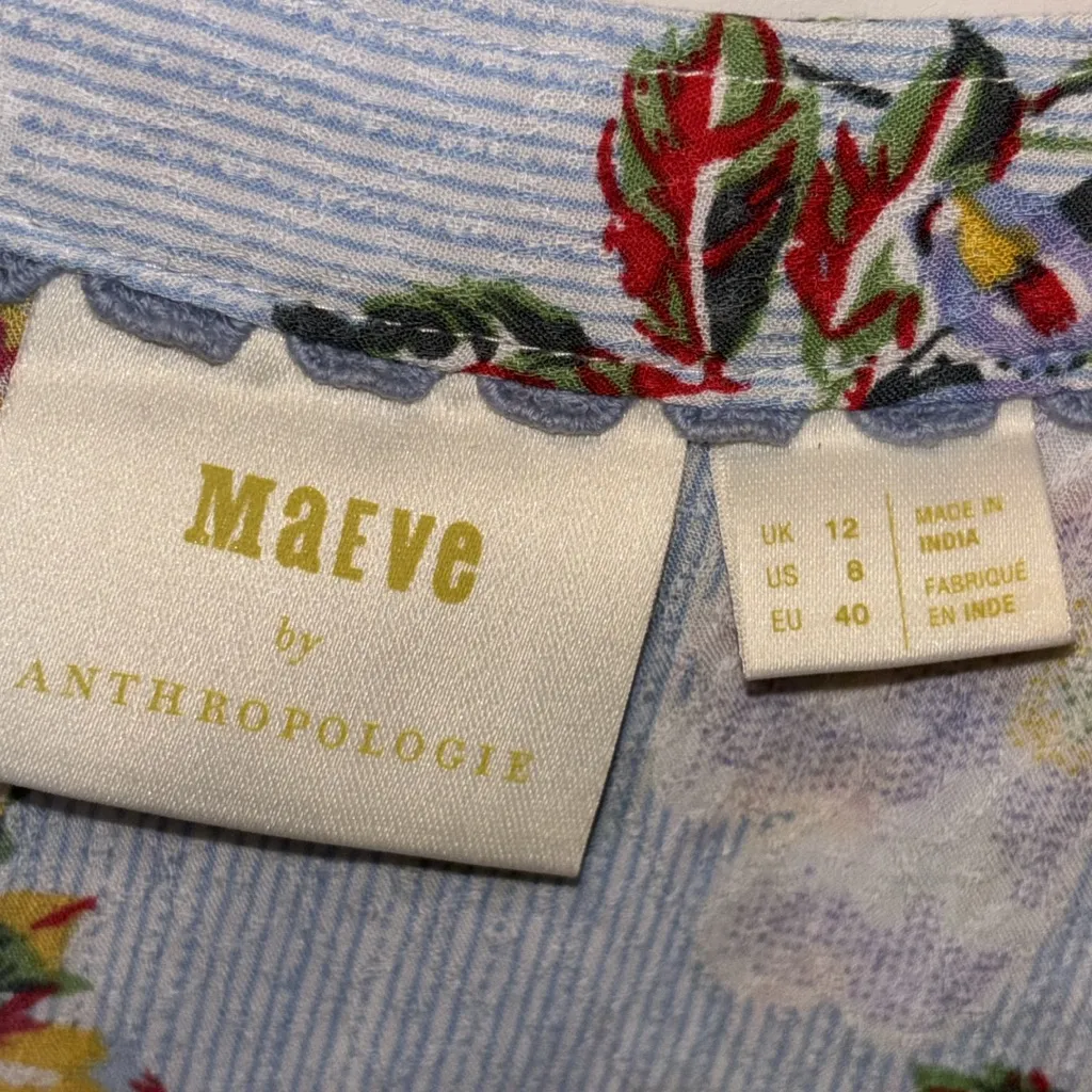Maeve Anthropologie Boswell Blue Striped Floral Boho Peasant Flowy Blouse Size 8 - Image 4