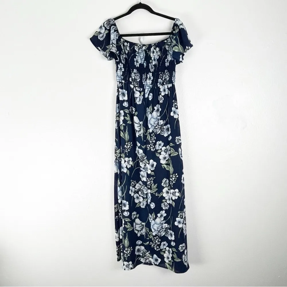 ALTAR’D STATE Blue Floral Smocked Bodice On/Off Shoulders Side Split Maxi Dress - Image 2