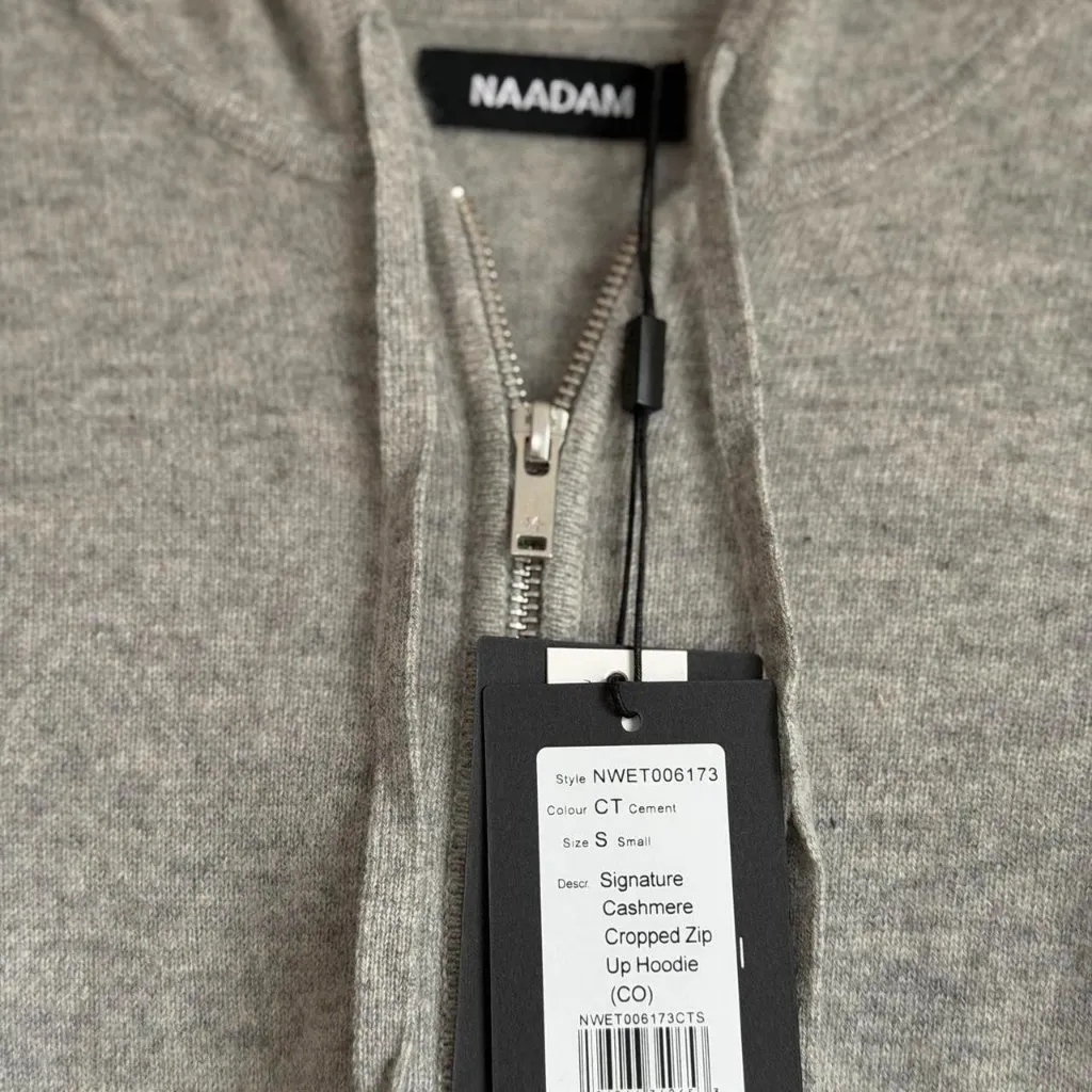 Naadam Signature Cashmere Cropped Zip Up Hoodie in Cement, Size Small - Image 9