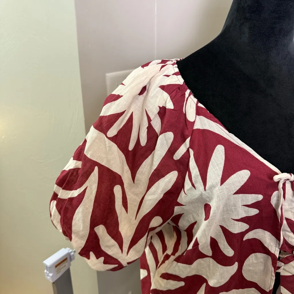 NWT Christian Siriano Puff Sleeve Tie Front Red White Linen Blend Blouse Floral Size M - Image 2