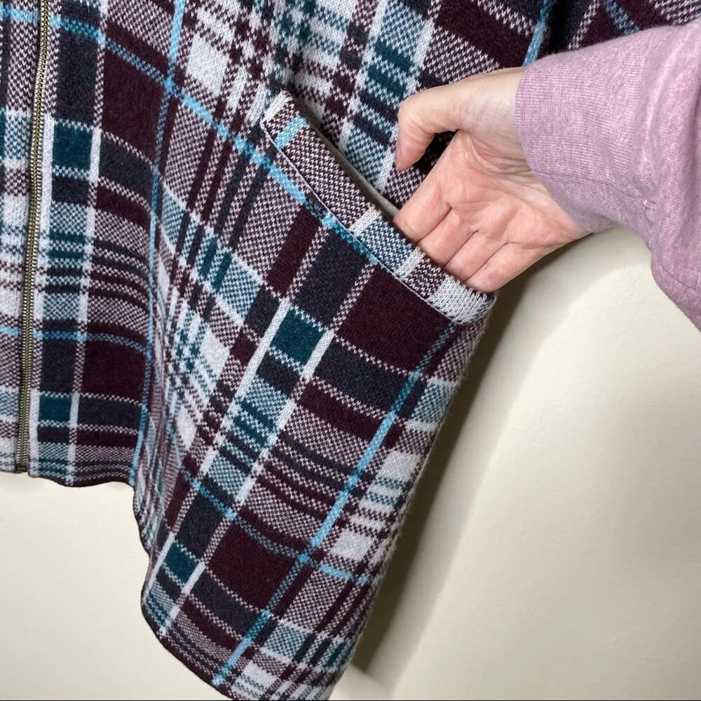 LL Bean Signature Poncho Sweater Pockets Plaid Maroon Red Green White One Size - Image 3