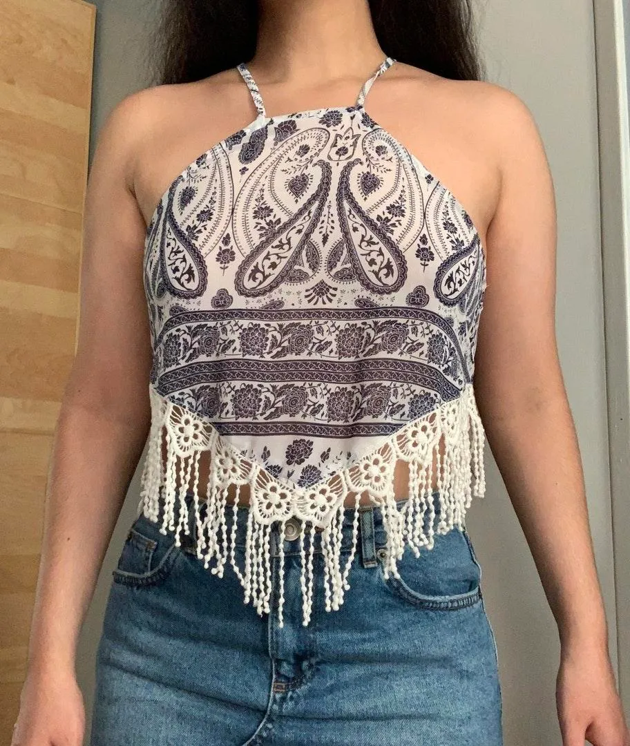 Paisley Crochet fringe Bandana Halter Handkerchief Boho Crop Top - Image 4