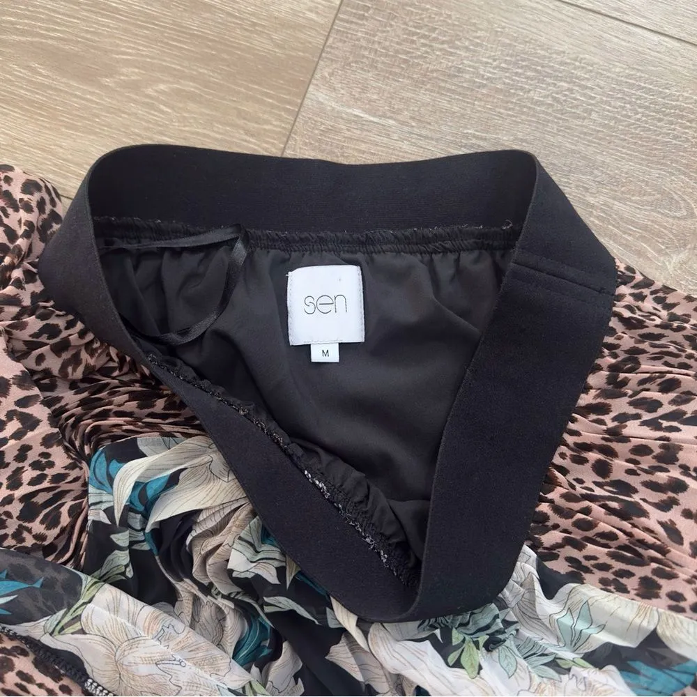 Anthropologie SEN Sz M Ava Pleated Floral Leopard Mixed Print Asymmetrical Skirt - Image 6