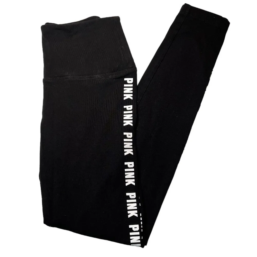 PINK by Victoria Secret High Waisted Black Leggings White “PINK” Sides SZ Smalll - Image 2