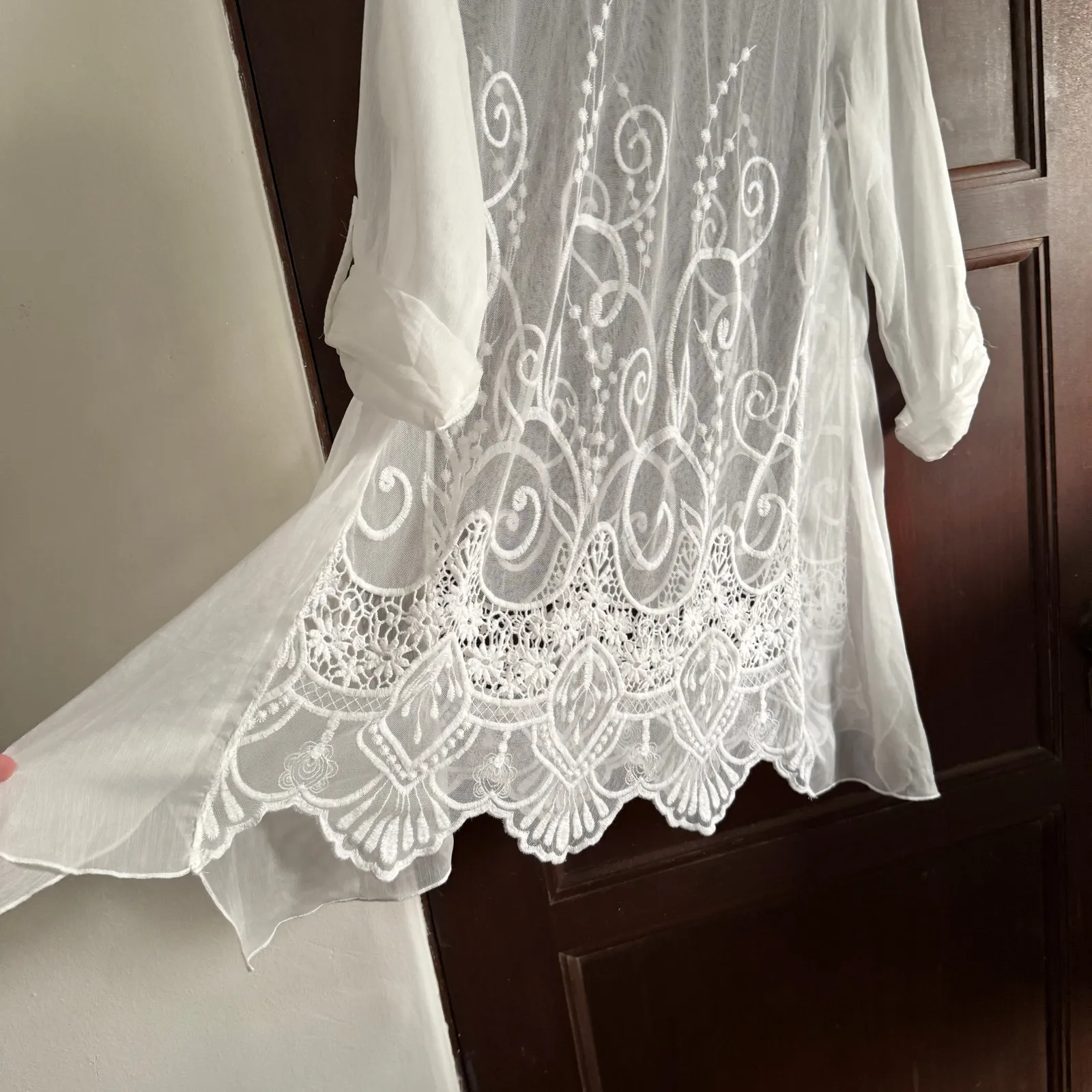 White Sheer Embroidered Mesh Roll Sleeve Swim Cover up Tunic | Large - Image 3