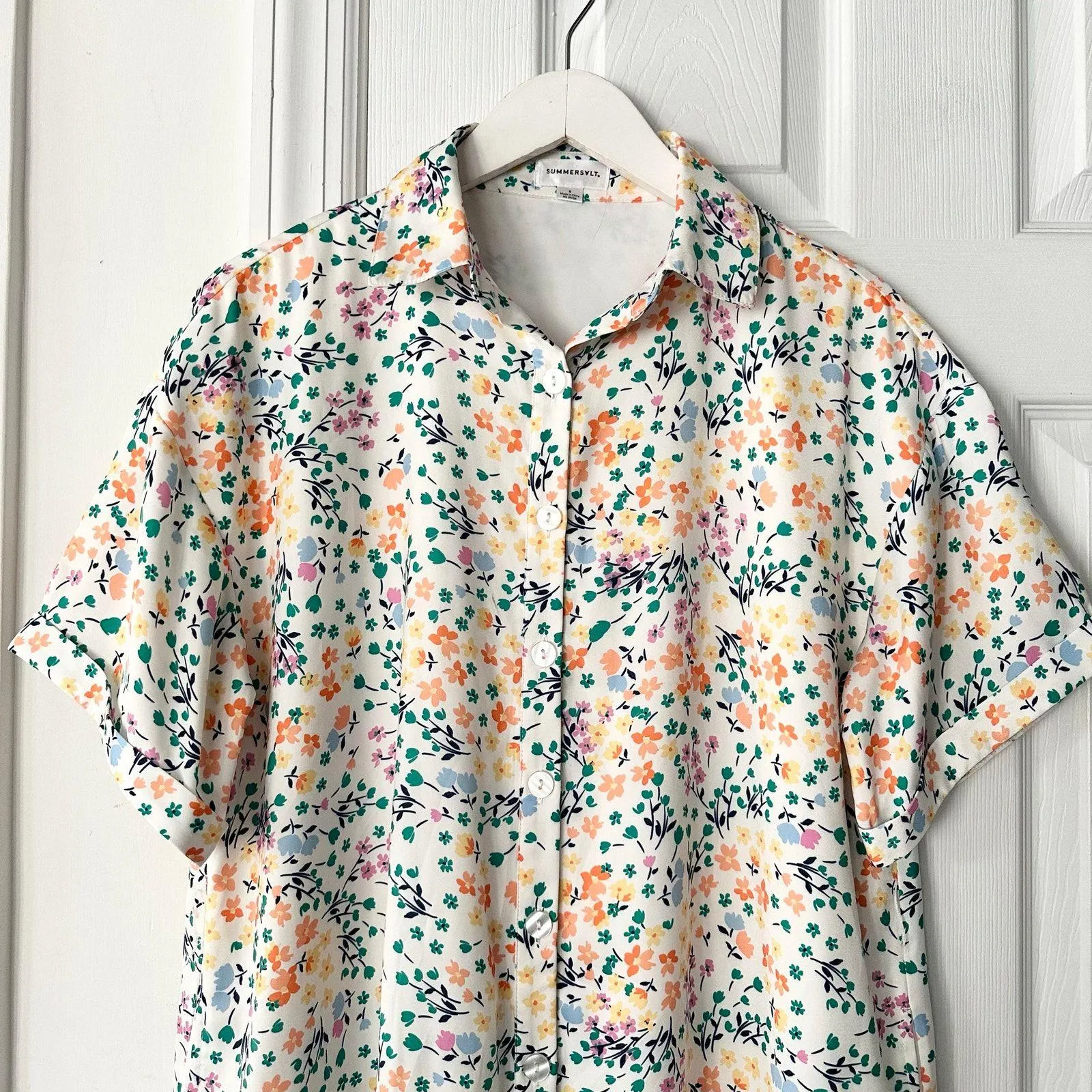 Summersalt White Do It All Floral Print Buttondown Shirt Dress Cover Up Small - Image 3