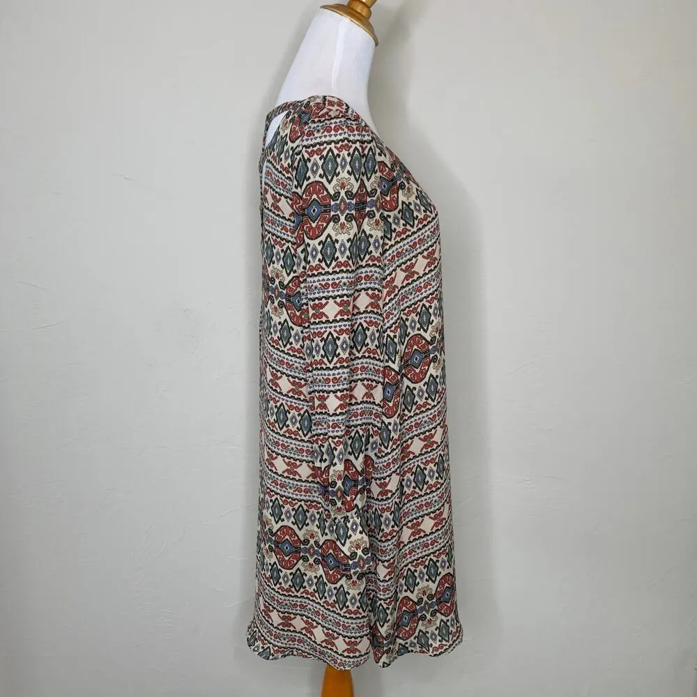 Aztec Open Back Shift Dress Tan Rust Sz Small - Image 4