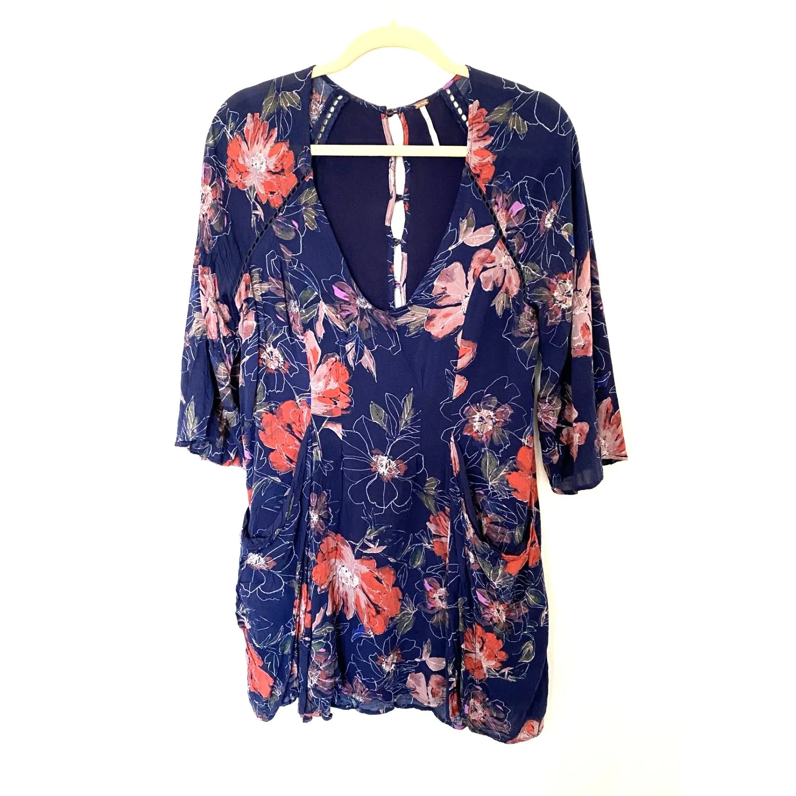 Free People Blue All Eyes on You Boho Floating Floral V Neck Mini Dress Sz 10 - Image 2