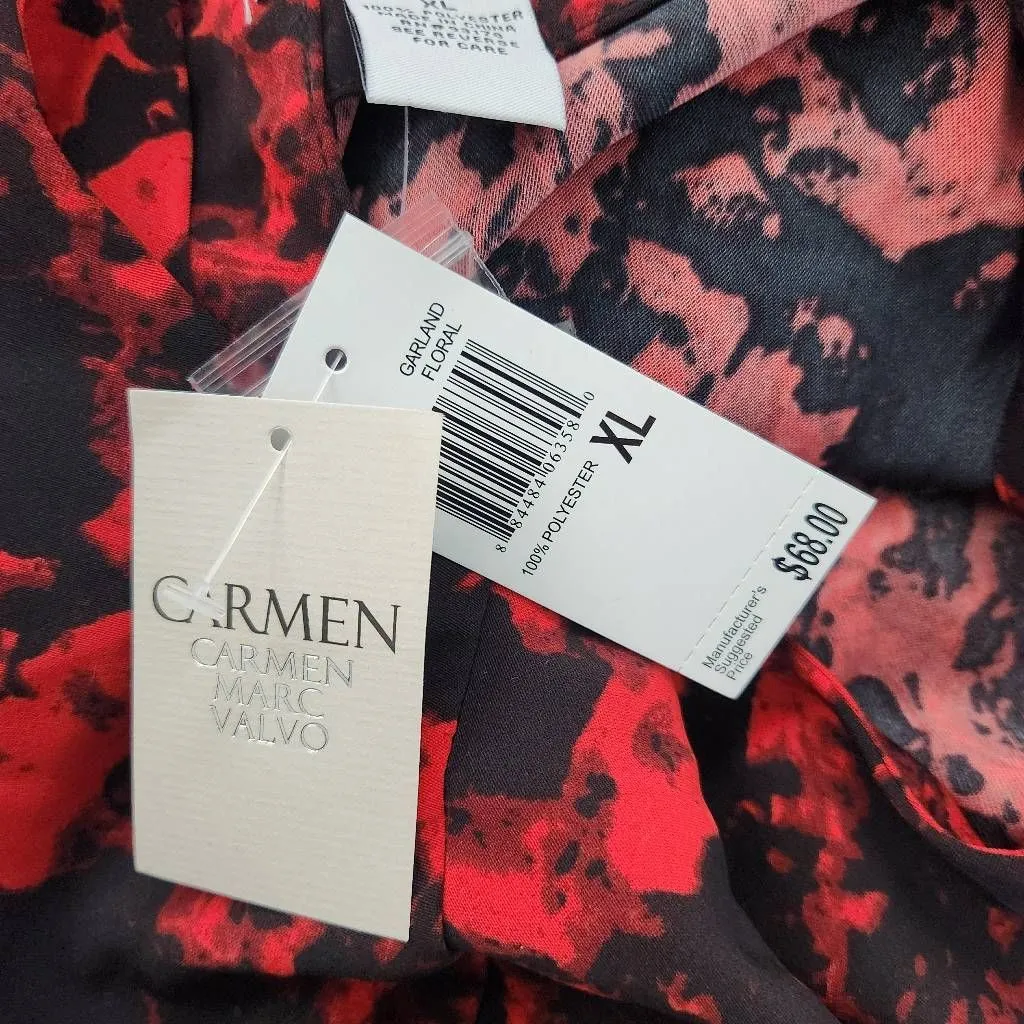 Carmen Marc Valvo Red and Black Print Blouse with Bell Sleeves NWT Size XL - Image 7