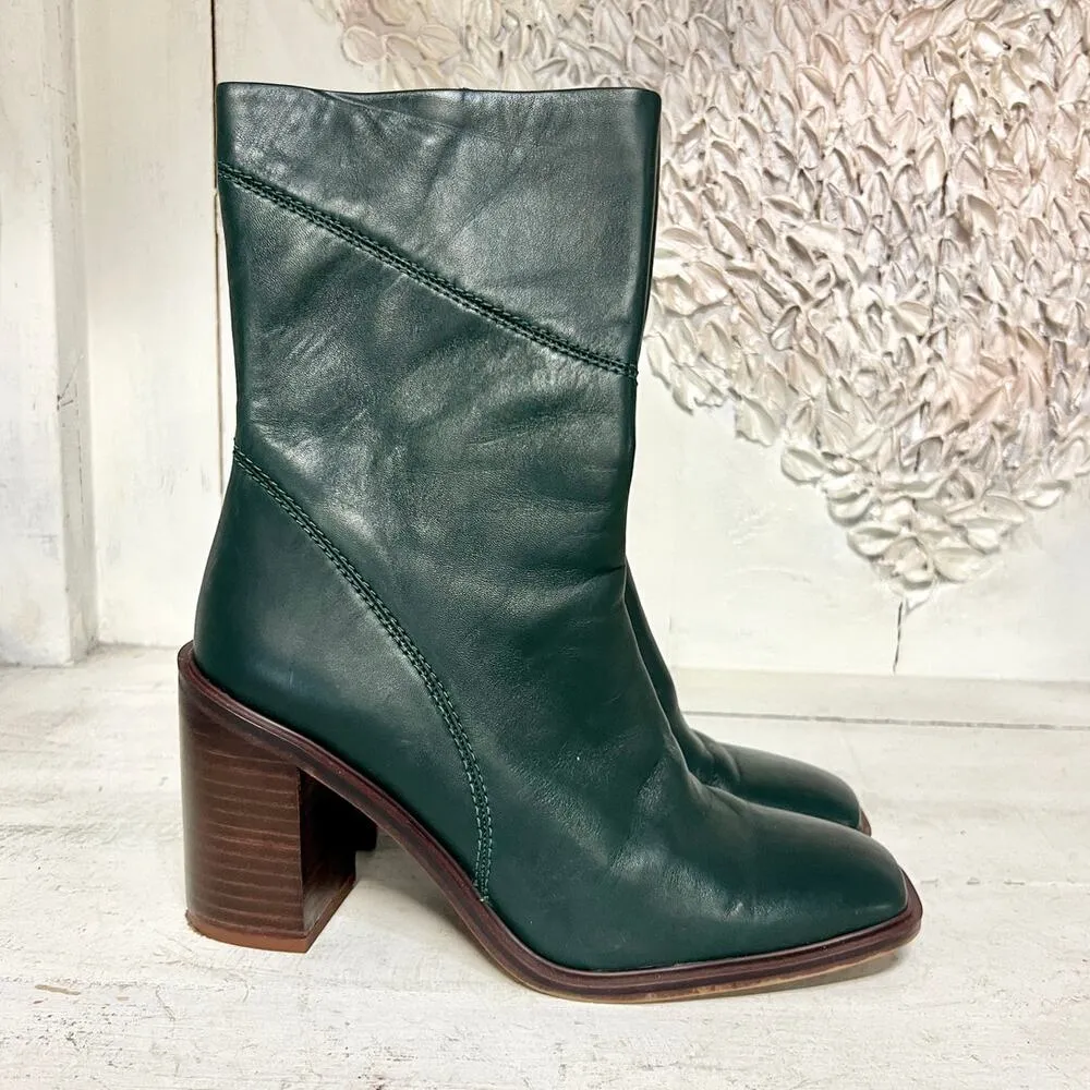 Franco Sarto Stevie Leather Block Heel Mid Shaft Boots English Green Womens US 8 - Image 4