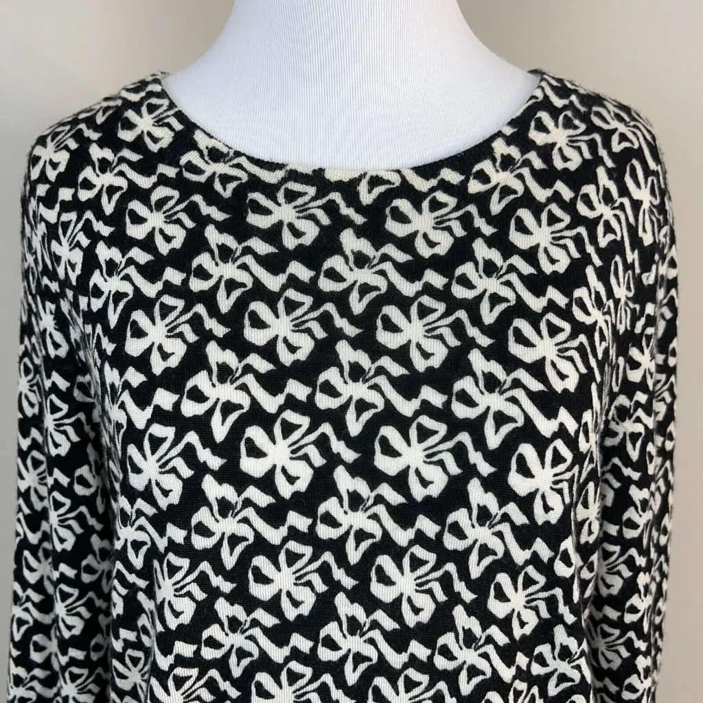 J Crew Sweater Medium Black White Ribbon Bow Wool 3/4 Sleeve‎ Crew Neck Womens - Image 2