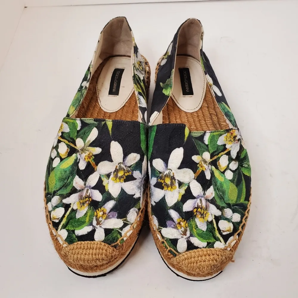 Multicolor Floral Print Brocade Fabric Espadrille Flats Size 37 - Image 3