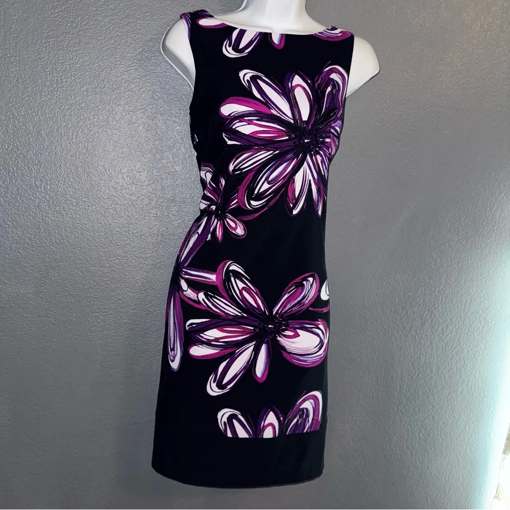 AB Studio Little Black Purple Floral Formal Party Pencil Dress Womens Small 4 - Image 4