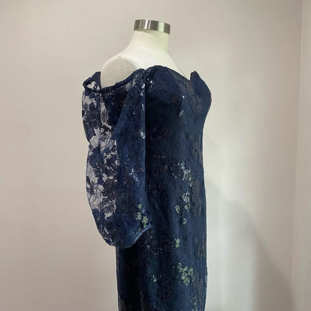 Teri Jon Mother of The Bride Navy Off The Shoulder Sequin Evening Gown Size 10 Blue - Image 11