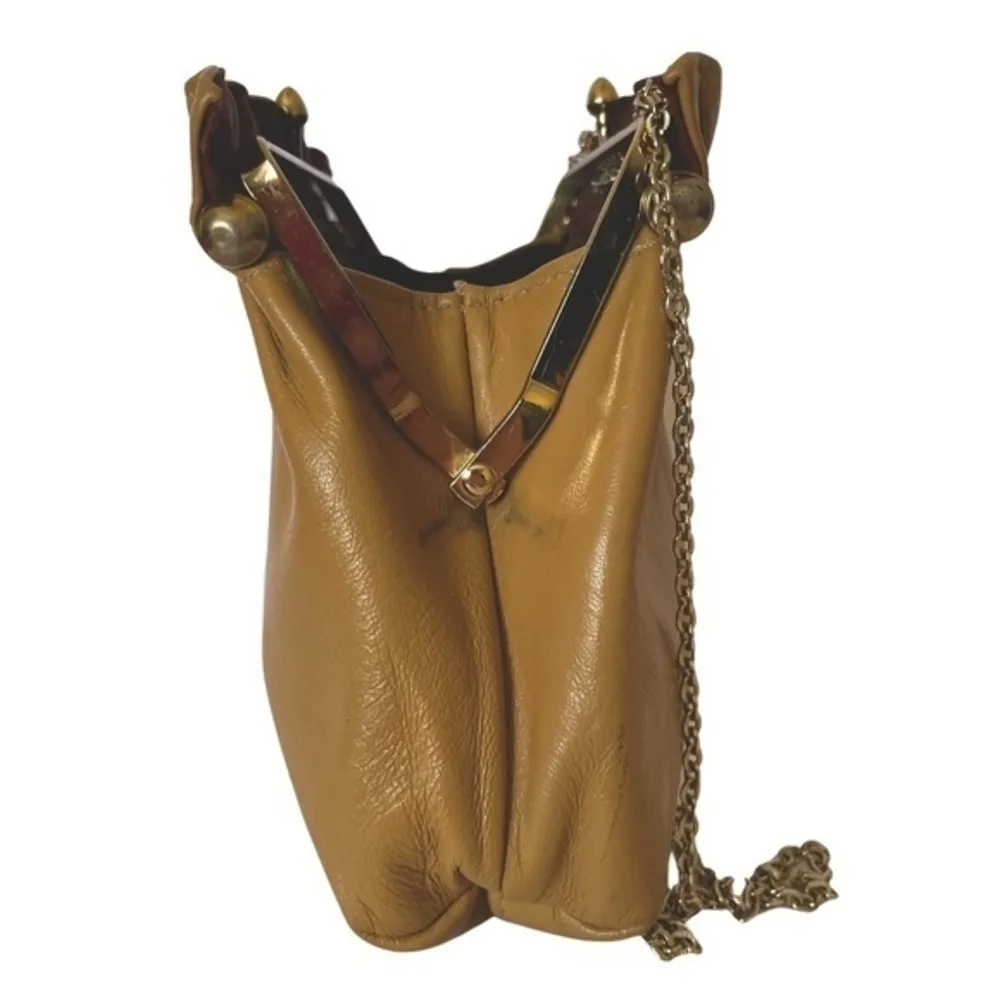 Midcentury Camel Leather Chain Strap Kisslock Purse Bag Tan - Image 6