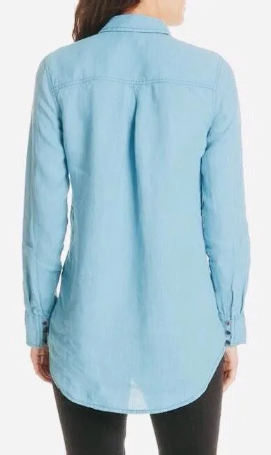 Linen Button Down Shirt Blue breezy mornings Blouse medium - Image 2