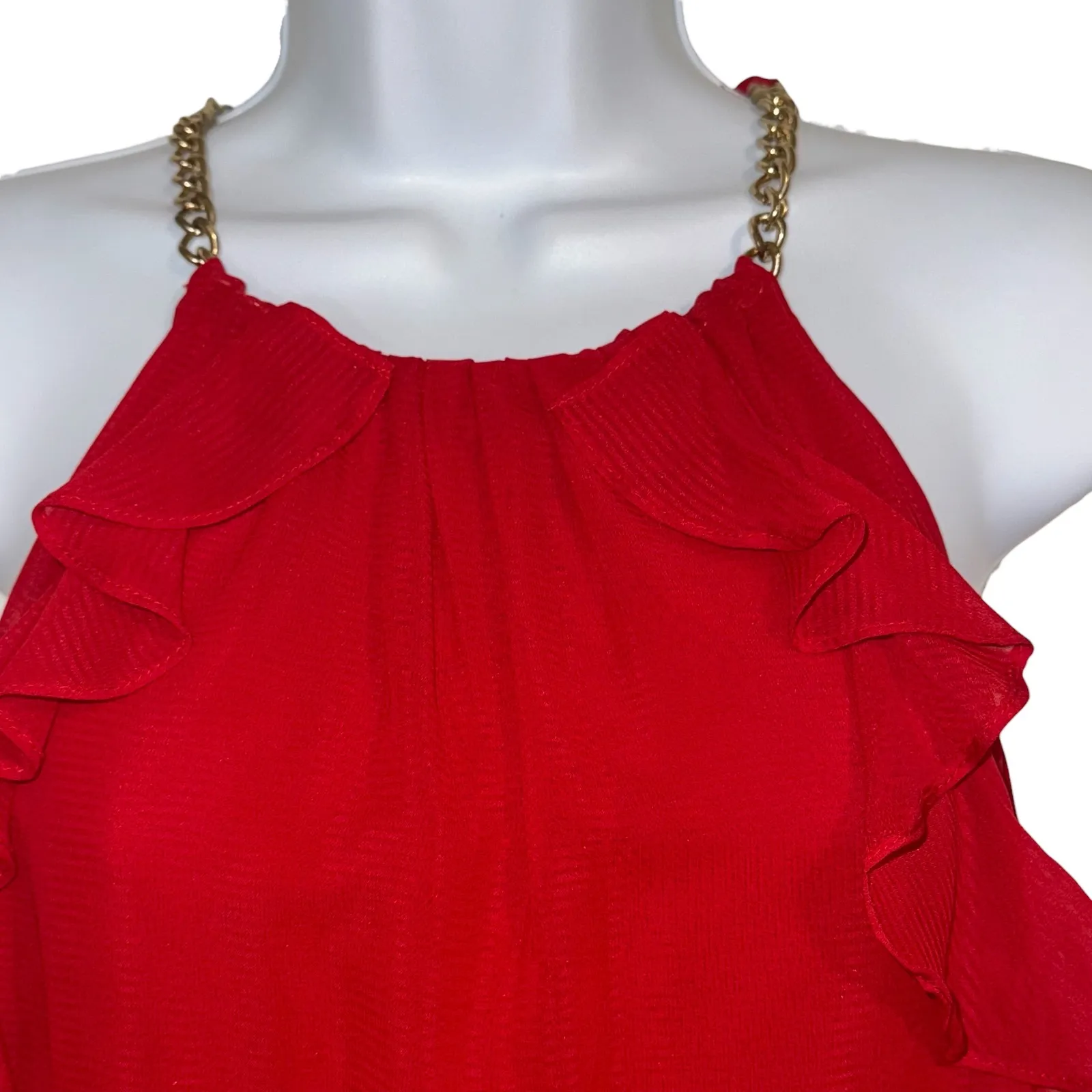 CACHE Lipstick Red Gold Chain Halter Ruffle Sleeveless Blouse EUC Size Medium - Image 3