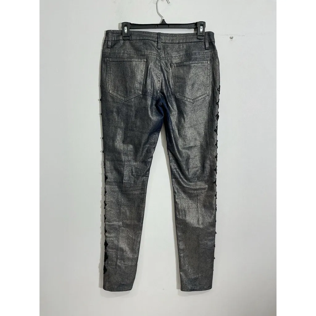 Woman’s Luxury Blues Sun Metal Embelished Stretch Shiny Straight Leg Jeans 9 Blue Size undefined - Image 3