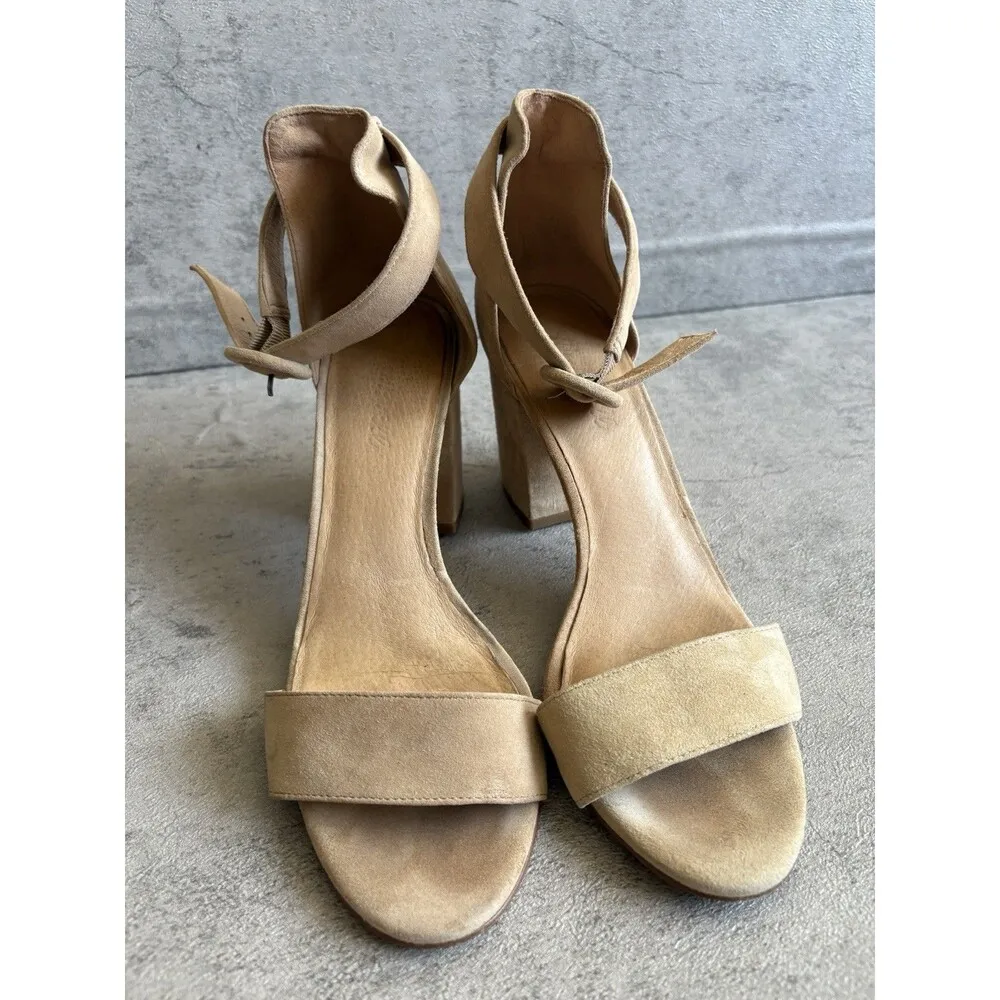 Madewell womens tan suede ankle buckle block heels high sandals size 8 - Image 4