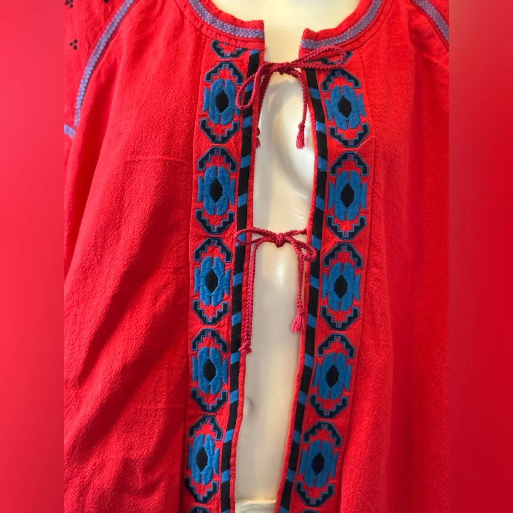 Free People Linen/Cotton Blend Vibrant Red Bohemian Jacket Blue Floral Accents L - Image 8