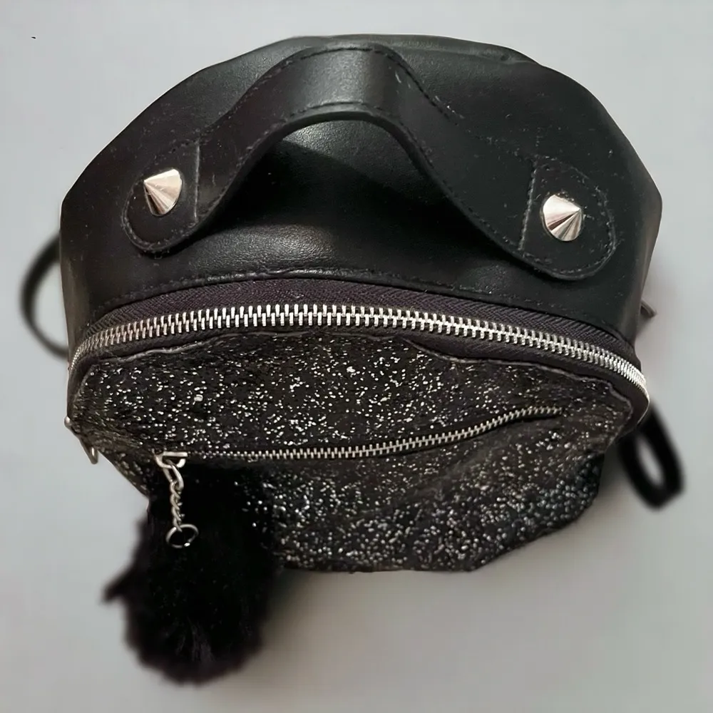 Black Glitter Faux Leather Mini Backpack with Pom - Image 6