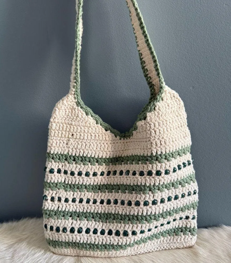 Crochet Beaded Hand Woven Shoulder Bag Green - Image 5