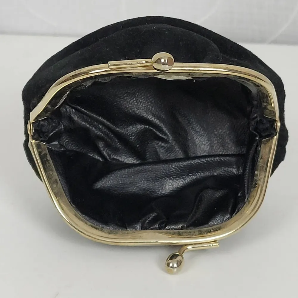 Vintage Womens Velvet Leather Italian Coin Purse Wallet Black Kiss Clasp Closure - Image 10