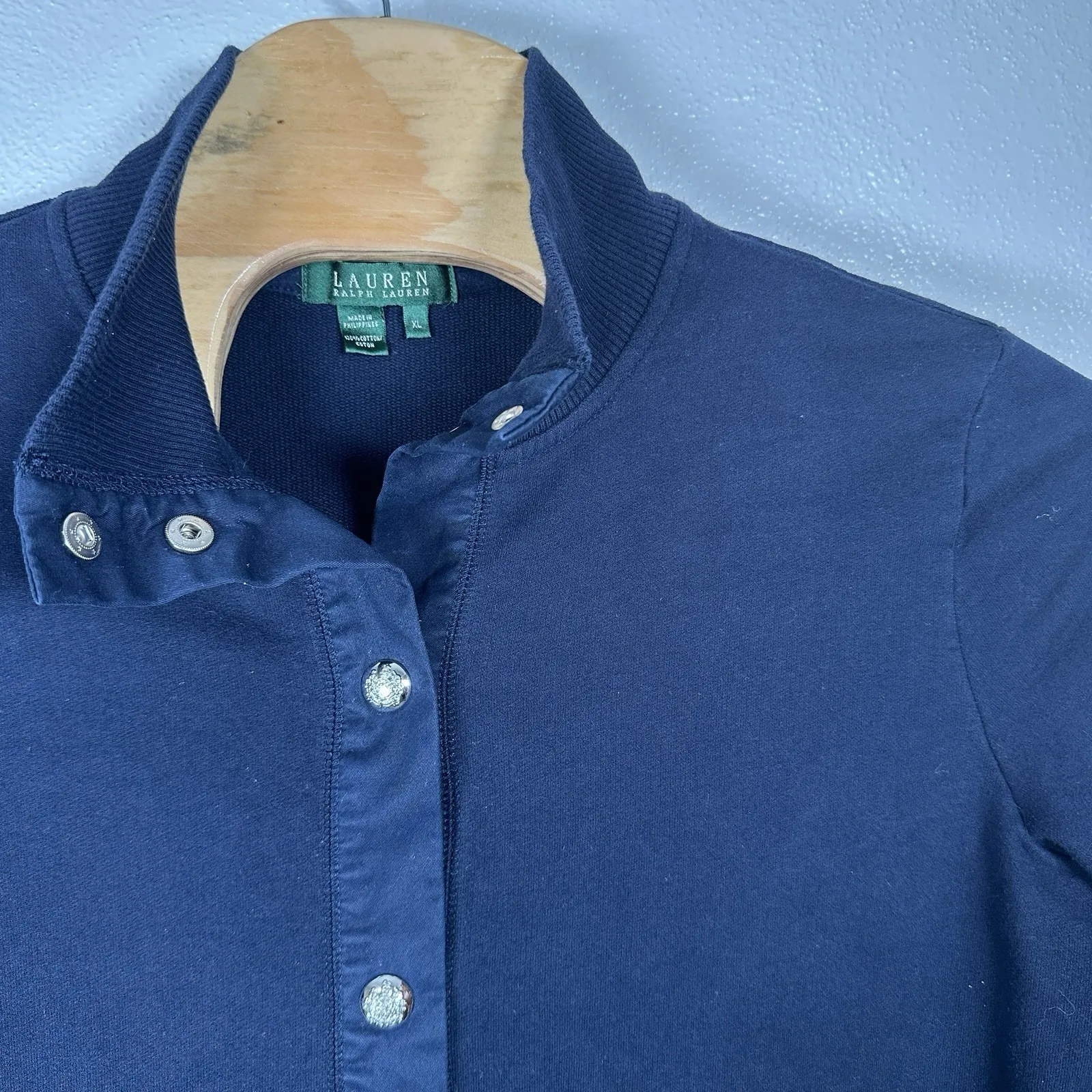 Lauren Ralph Lauren Cardigan Sweatshirt Womens XL Navy Blue Silver Snap Front - Image 2