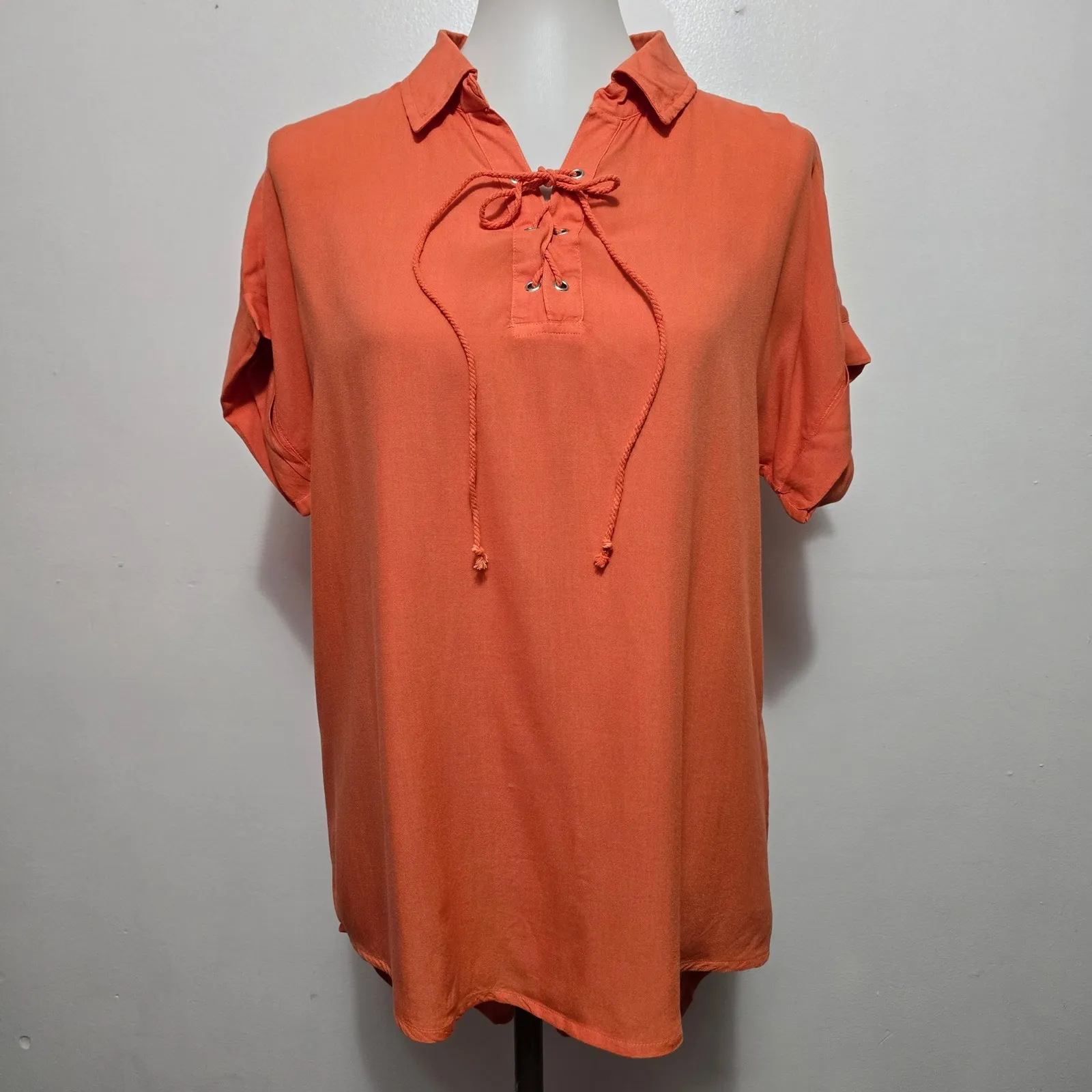 COCO + CARMEN Orange Lace Up Collar Short Sleeve Shirt Top S/M Coastal Bohemian - Image 2