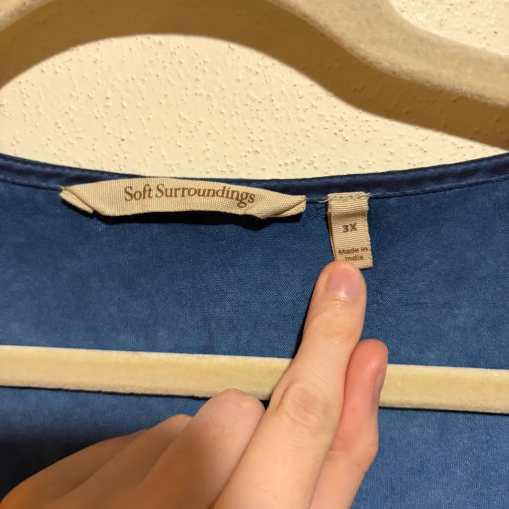 Soft Surroundings 3X Kimbra Embroidered Floral Blue Lace V Neck Roll Tab Top - Image 3